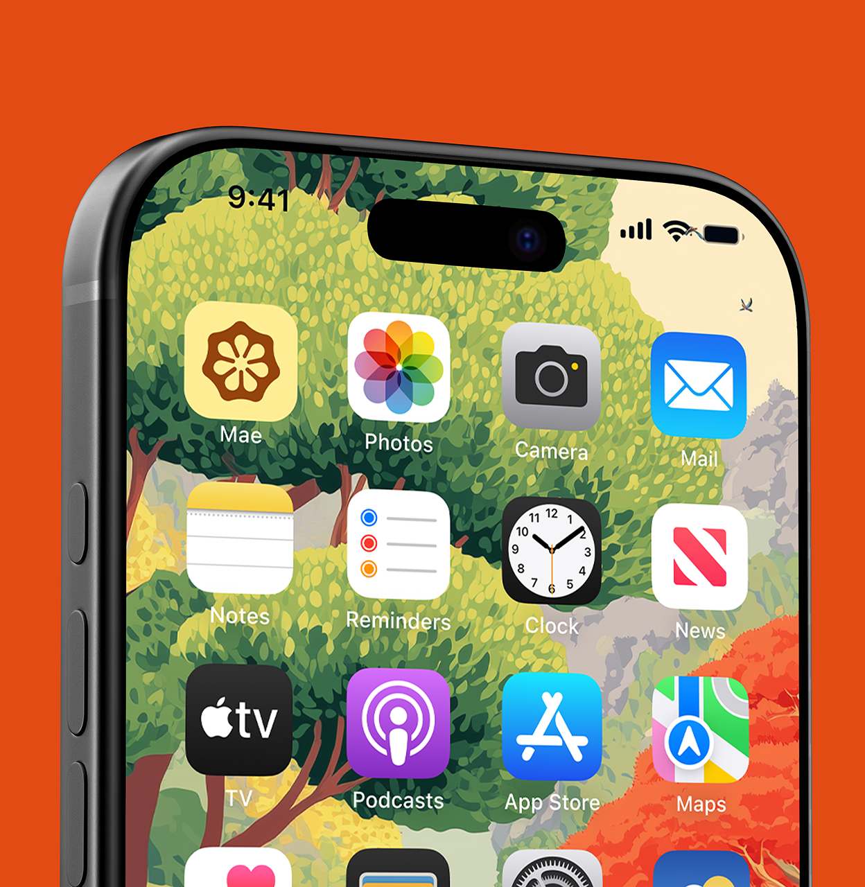 Mae app icon shown on an iPhone home screen with nature-inspired wallpaper.