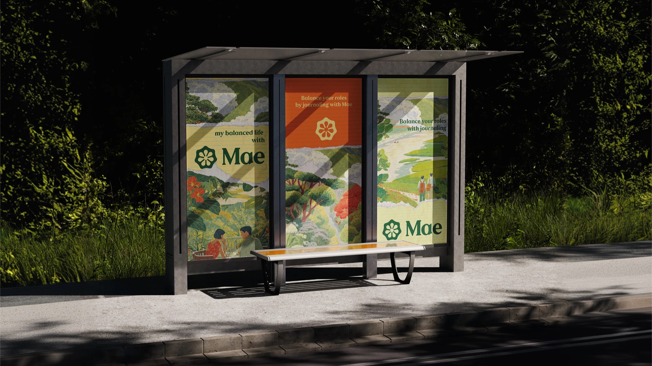 Mae campaign posters displayed in a bus stop shelter with illustrated role-balancing messages.