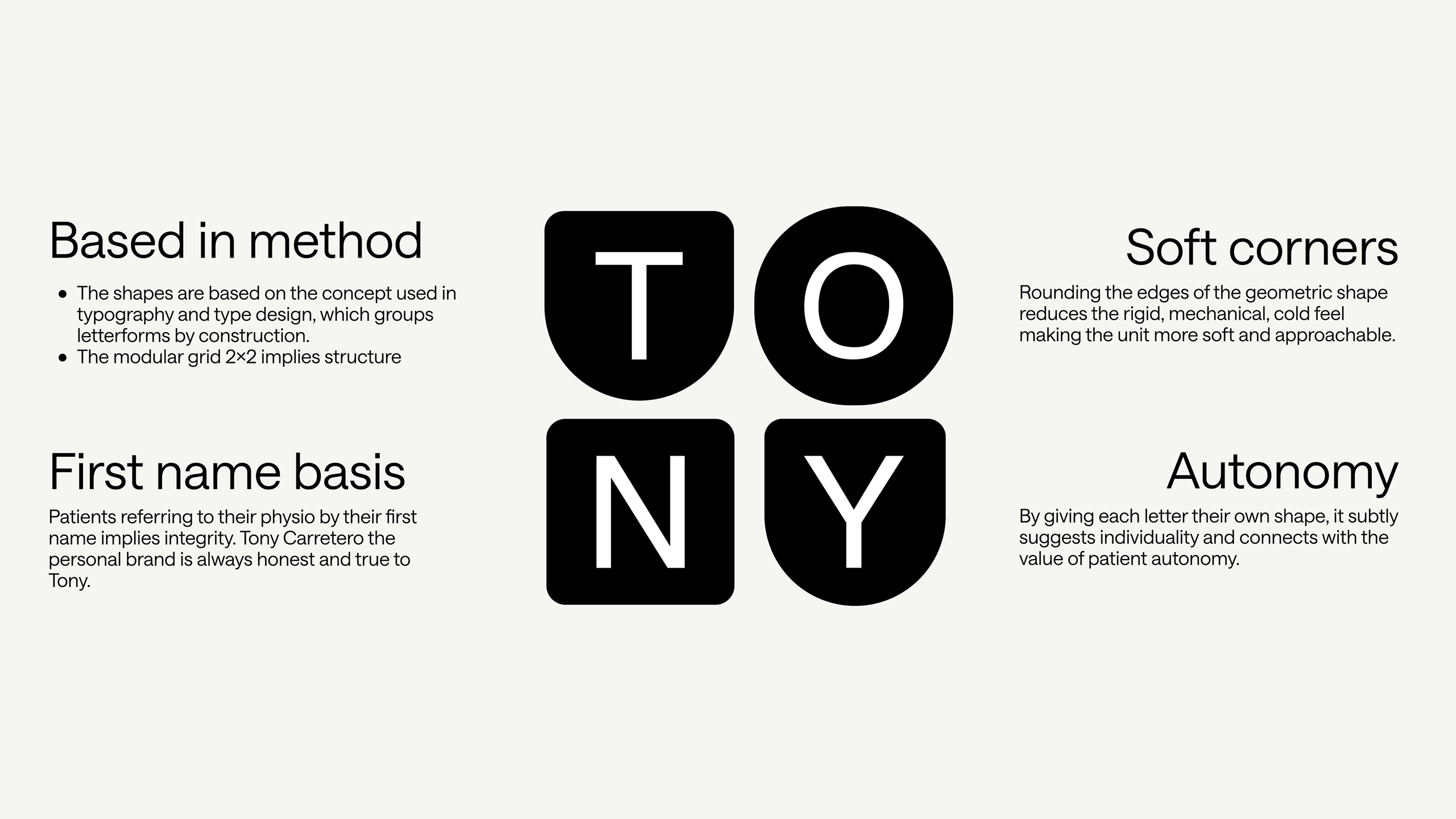 Metodo Tony identity rationale showing modular letterforms, soft corners, first-name positioning, and patient autonomy principles.
